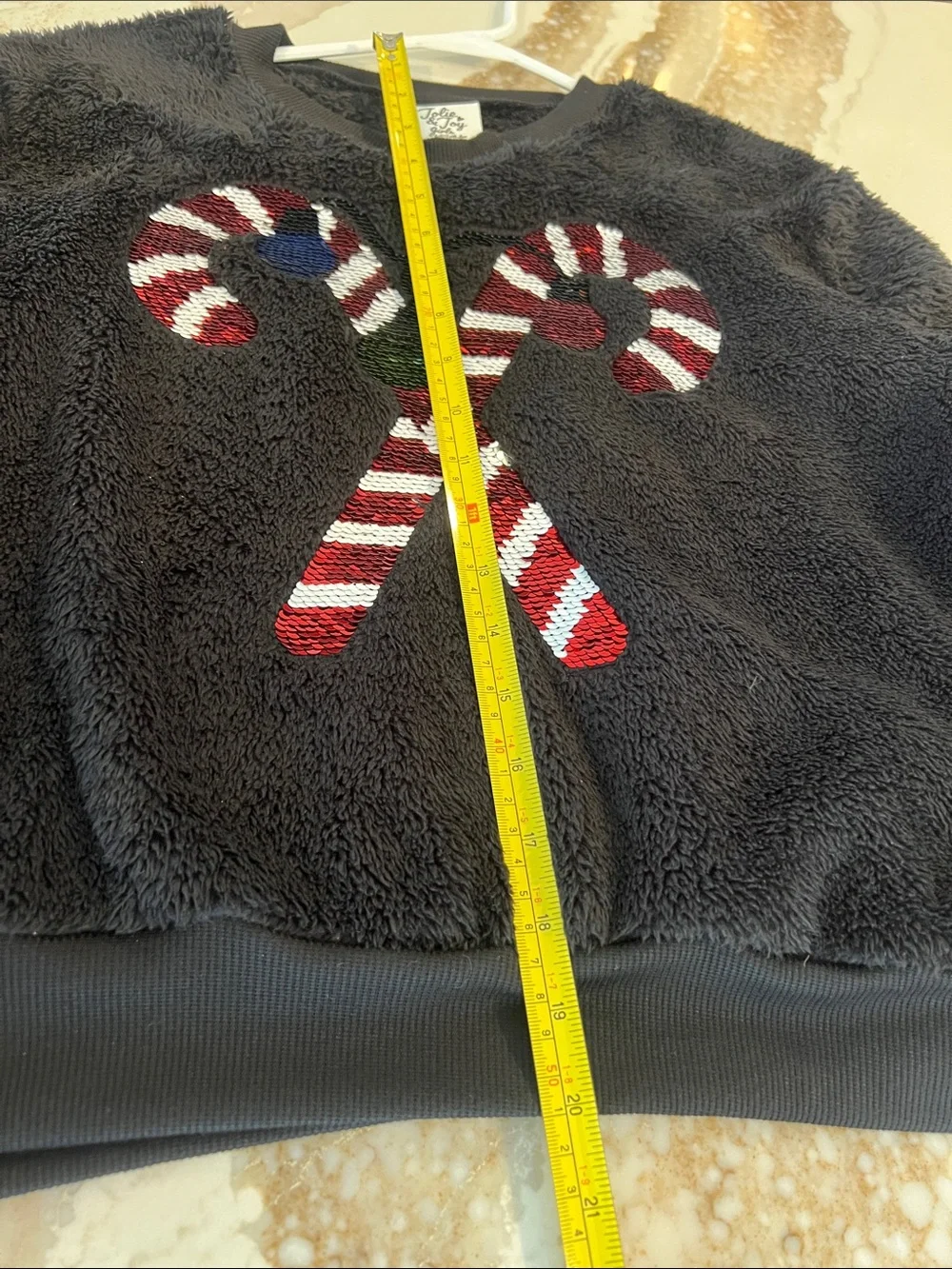 Jolie Black Plush Kids Crewneck Sweater with Red & White Candy Canes
